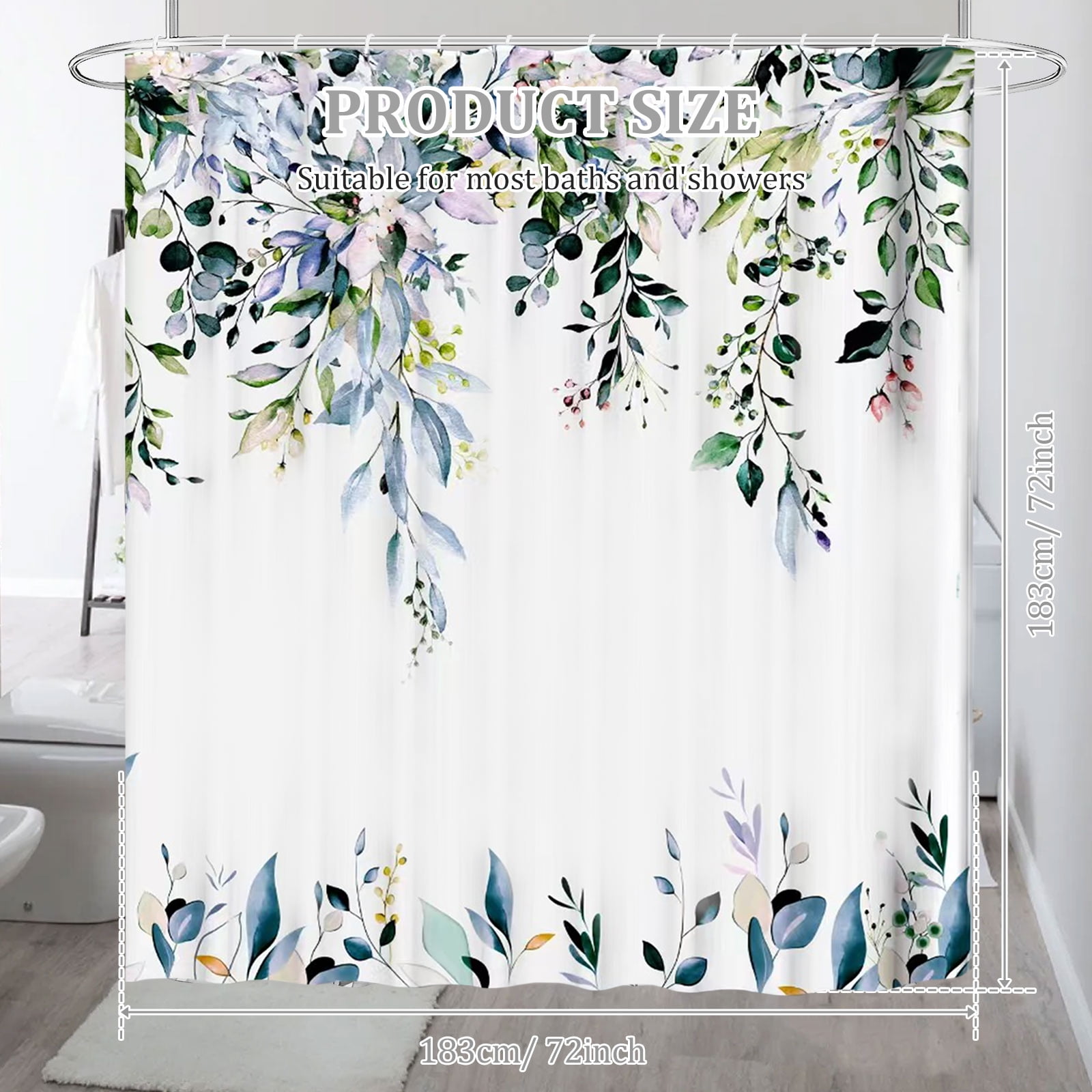 Dznils Blue Green Eucalyptus Fabric Shower Curtain, Watercolor Floral Pattern with Hooks, 72" x 72"