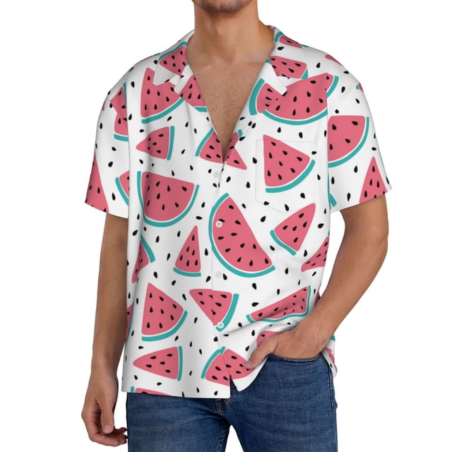 Balery Watermelon Camisa Casual de Manga Corta con Botones para Hombre, Texturizada, Estilo Cubano, para Playa, Verano-Large