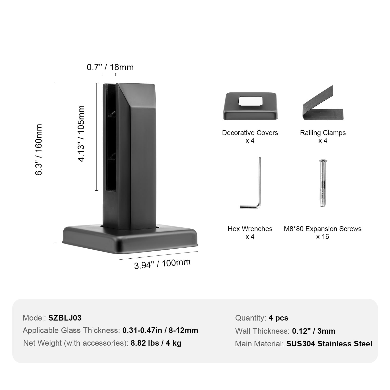 SKYSHALO Glass Holder, 4 Pack Square Support for 8-12mm Thick Tempered Glass, Made of 304 Stainless Steel, 3mm Thick Bracket for Glass Shelves in Balconies, Gardens, Decks, Stairs