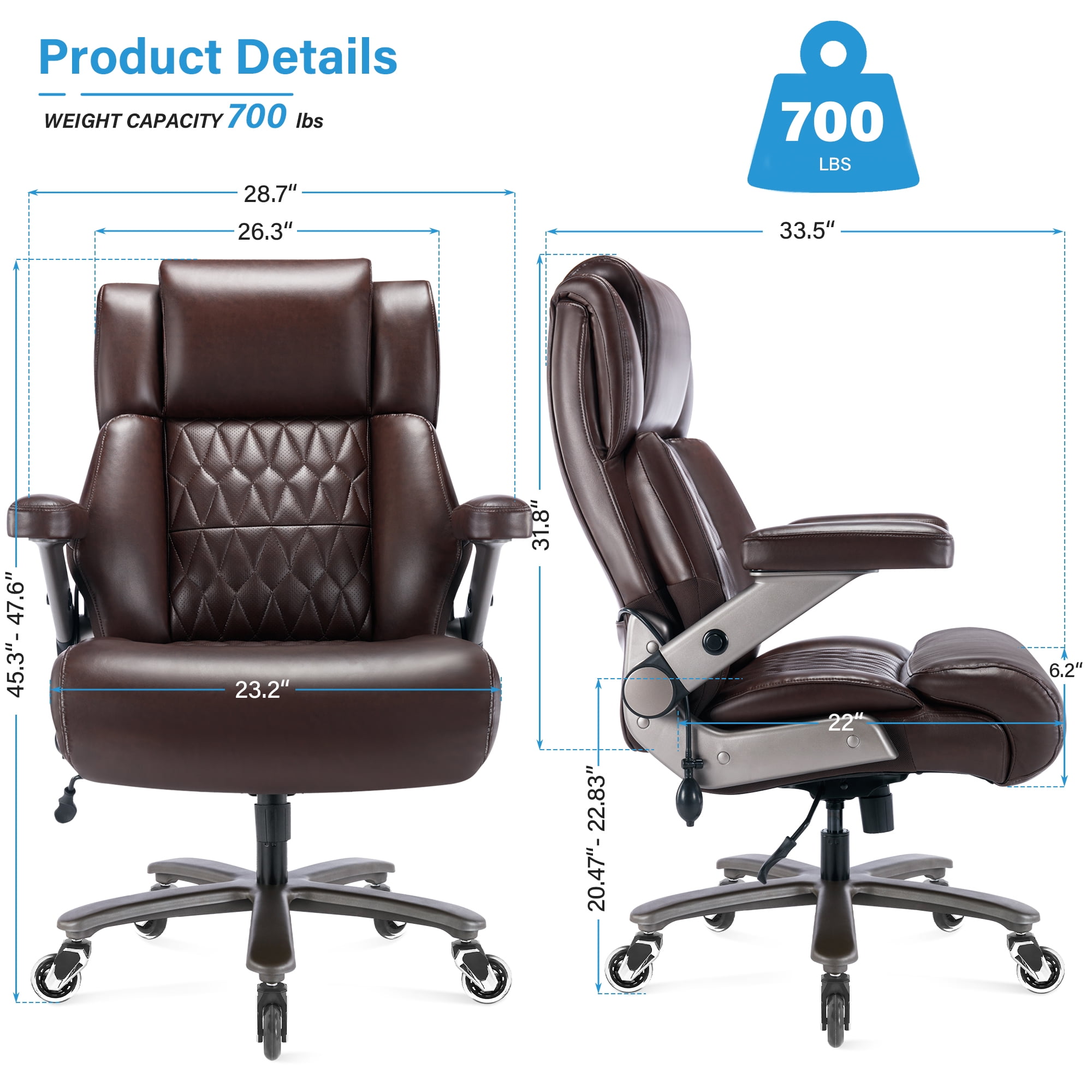 Big and Tall 700lbs Office Chair, High Back Executive Office Chair with 3D Flip up Arms, Adjustable Lumbar Support, Heavy Duty Metal Base, Home Office Computer Desk Chair, Brown