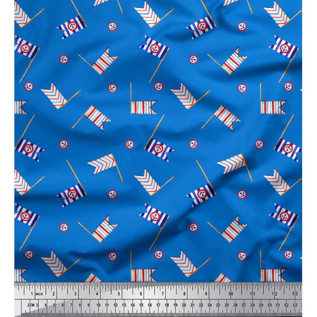 Soimoi Blue polyester Crepe Fabric Anchor Hook & Small Country Flag Print Fabric by Yard 42 Inch Wide