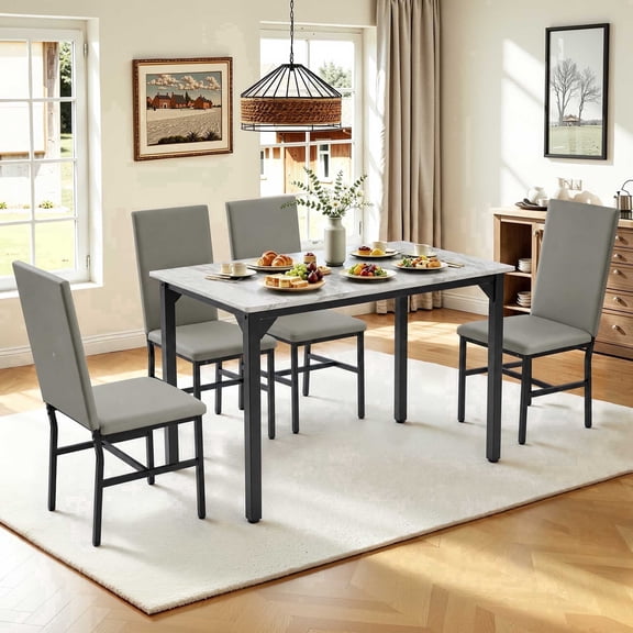 5 Piece Dining Set, Modern Dining Table and Chairs Set for 4, Counter Height Bar Table Set, Modern Pub Table with 4 Velvet Fabric Cushioned Stools, Faux Marble Dining Table & Stools Set, D9297