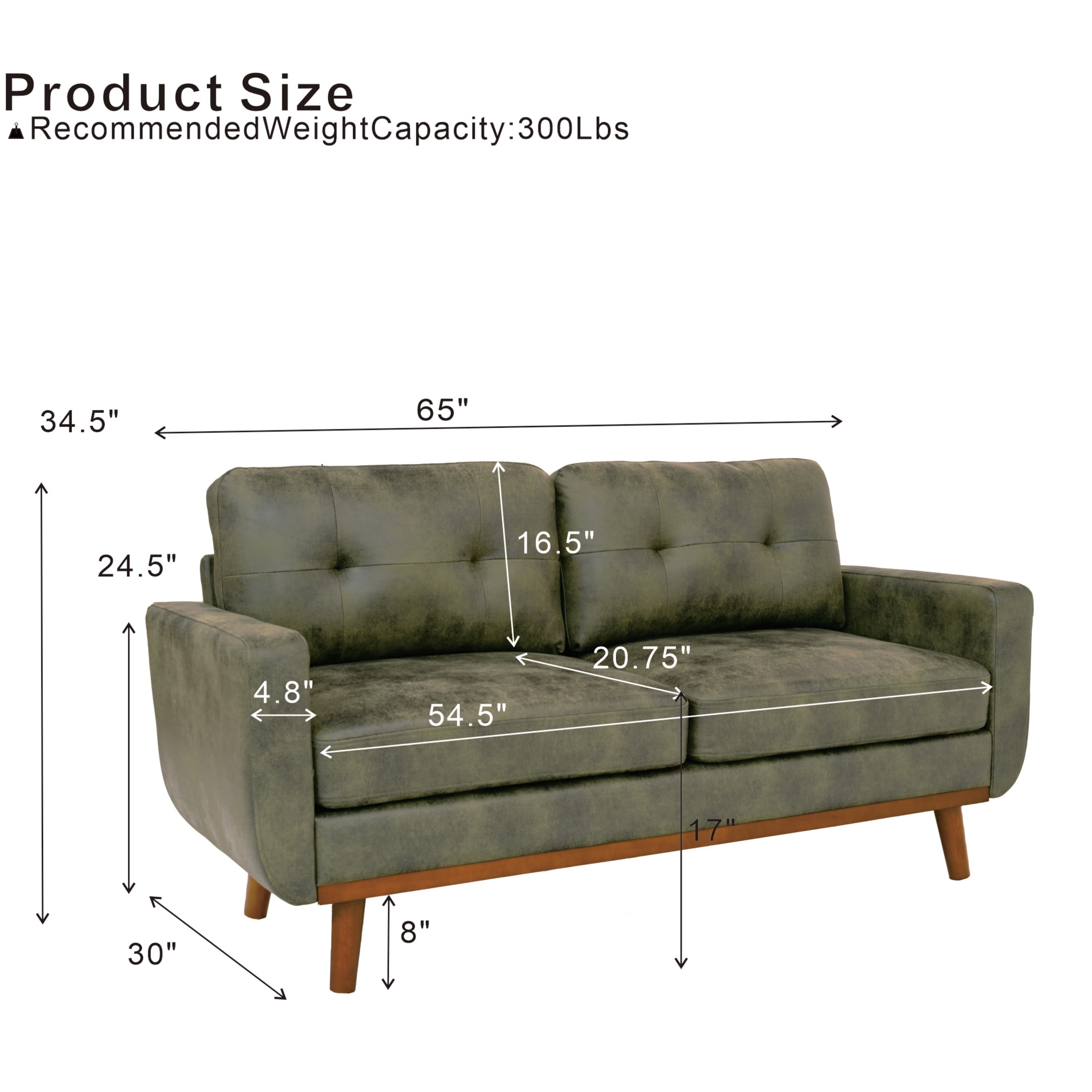 Noble House 65" Mid-Century Modern Loveseat Sofa, Breathable Foil Fabric Upholstery, Olive Green