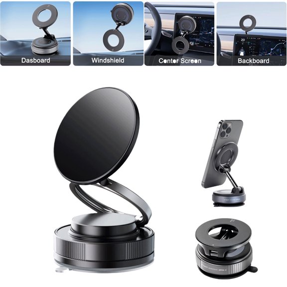 Vacuum Magnetic Car Phone Holder, 360° Adjustable Magsafe Car Mount with Strong Suction Cup for iPhone Android All Smartphones，Foldable Magnetic Phone Holder for Car/Gym/Mirror/Smooth Surface