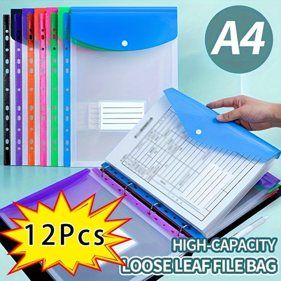 12Pcs Binder Pockets Binder, Binder Folders with Snap Button and Label, Expandable Plastic Envelopes Binder Organizer Folders with 11 Holes for School Office Home