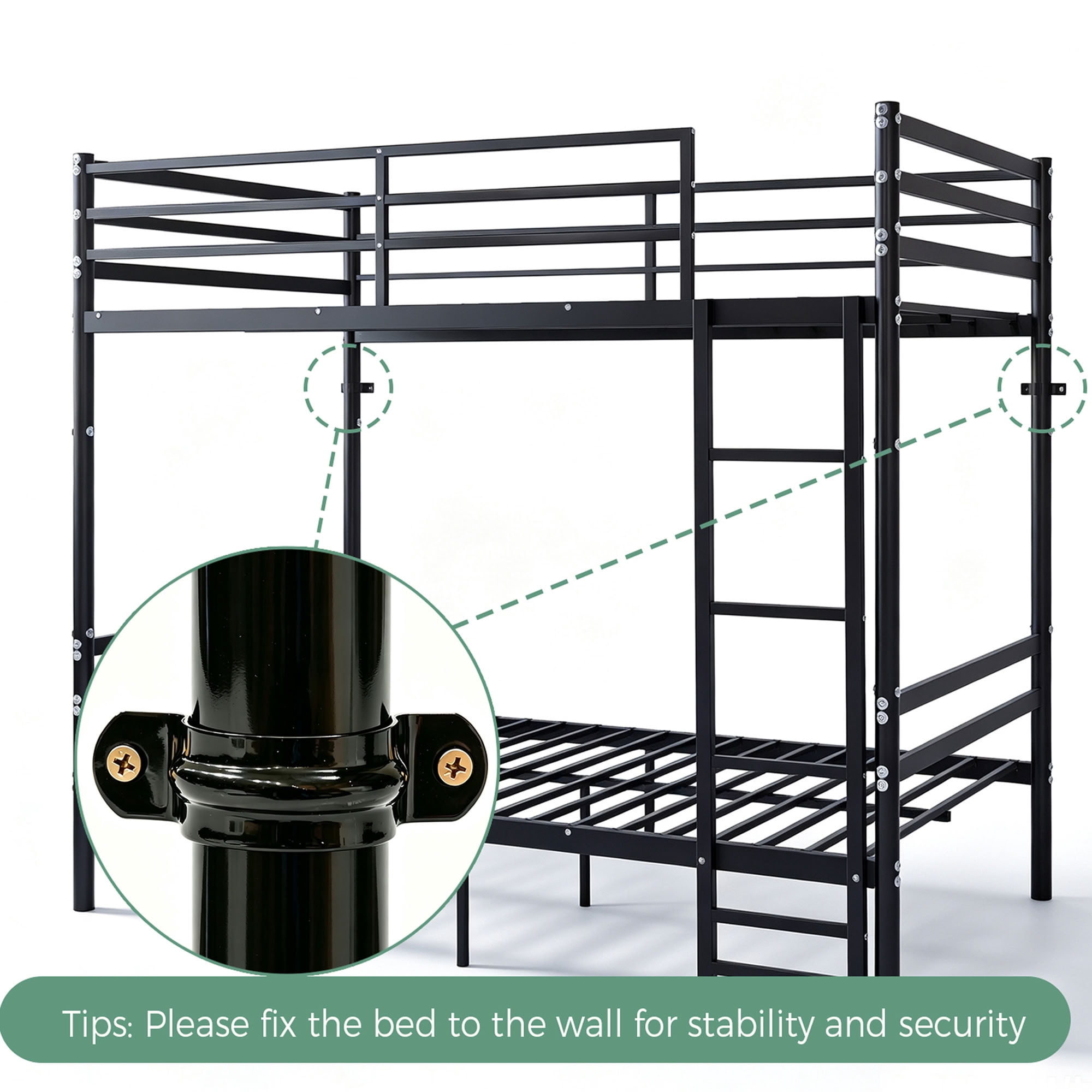MAYEERTY Twin Over Twin Metal Bunk Bed, Heavy Duty Frame with Ladder and Guardrail for Kids Adults, Black