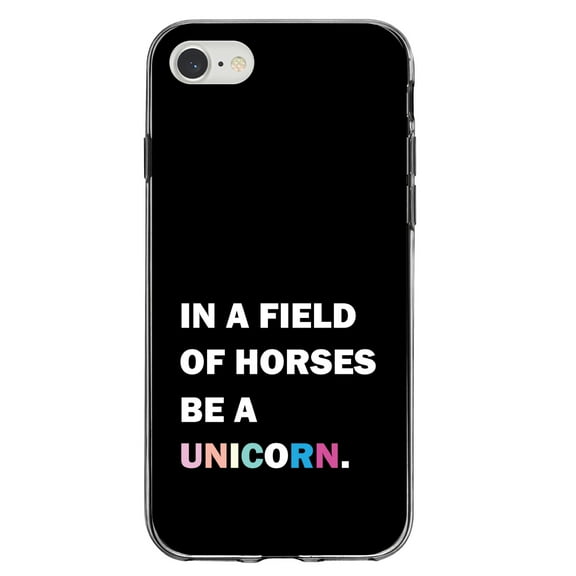 DistinctInk Clear Shockproof Hybrid Case for iPhone 7 8 SE (2020 Model) 4.7" Screen TPU Bumper Acrylic Back Tempered Glass Screen Protector - In a Field of Horses, Be a Unicorn - Rainbow
