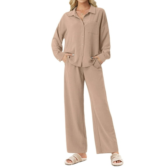 MINTREUS Lounge Sets for Women Casual Long Sleeve Button Down Shirt and Drawstring Wide Leg Pants Two Piece Outfits with Pockets Pjs