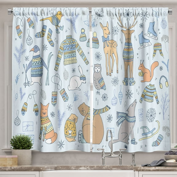 Ambesonne Christmas Kitchen Curtains, Animals Snowflakes Art, 55"x39", Soft Blue Pale Peach and Tan