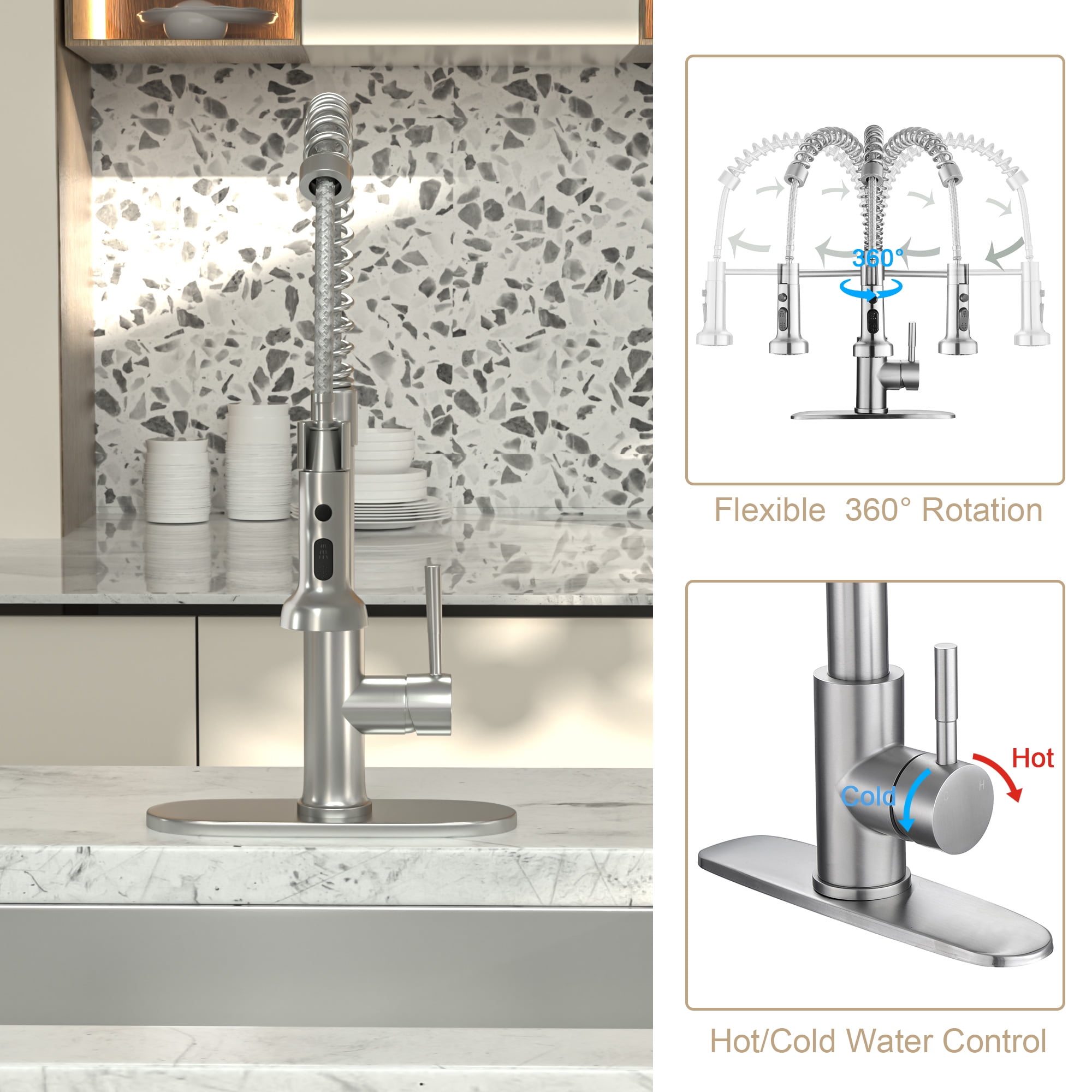 Logmey Put Down Kitchen Faucet High Arch 360° Rotation Single Handle Brushed Nickel Kitchen Sink Faucet with Deck