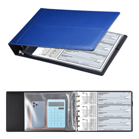 7 Ring Executive Business Check Binder 600 Checks Capcity for 9" x 13" Sheets, PU Leather Checkbook Holder with Zip Pouch [Blue]