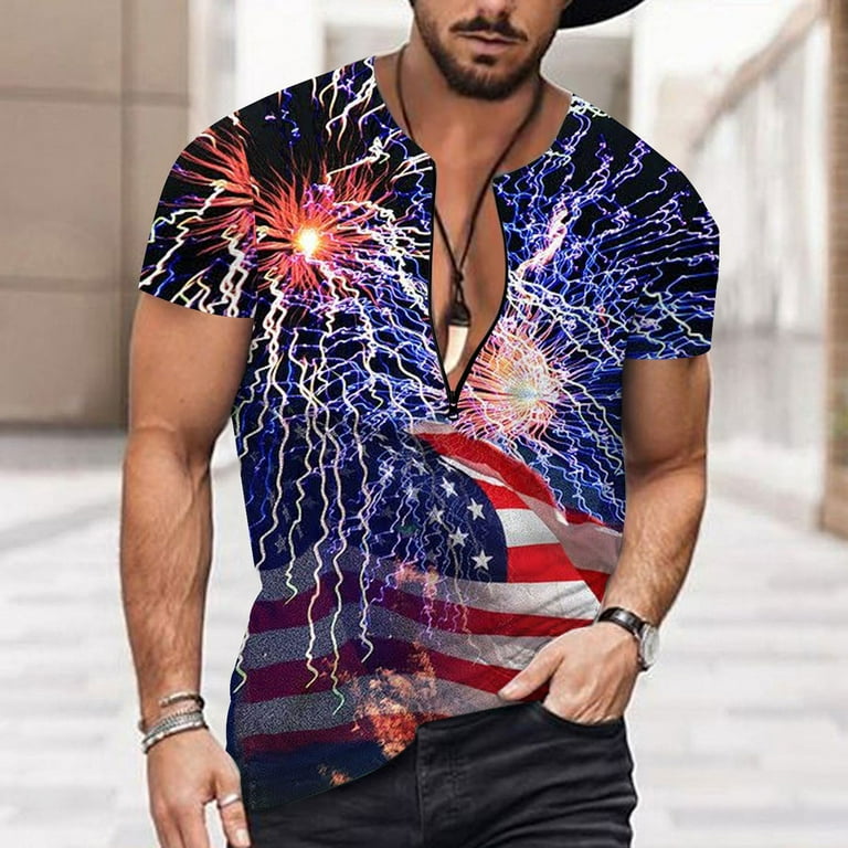 SZXZYGS Mens T Shirts Casual Graphic Pack Mens Summer Independence Day Flag  Digital 3D Printing Zipper T Shirt Short Sleeve Shirt