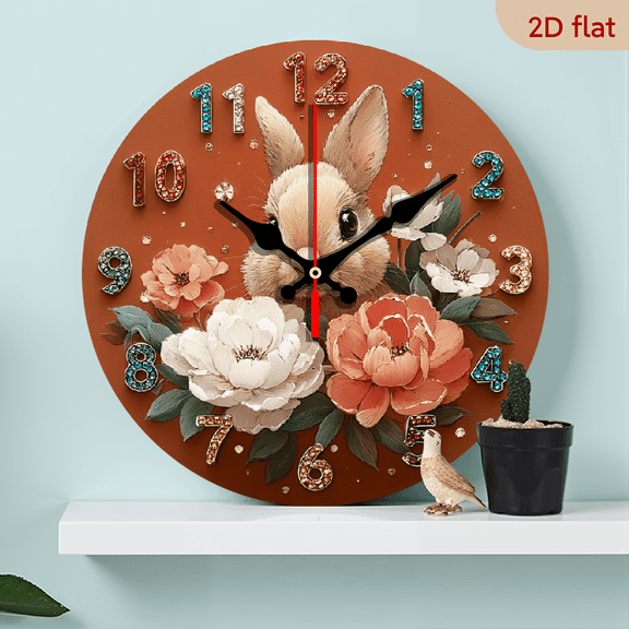 2D Flat, 1pc 10 Inch Round Wooden Wall Clock with Rabbit Floral Design - Silent Non-Ticking Movement, Battery Operated (AA Not Included), Ideal for Living Room, Bedroom, Office, Kitchen Decor - Un