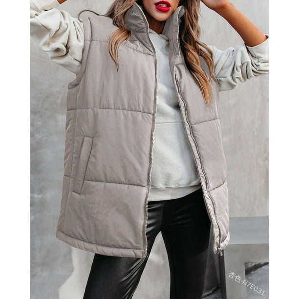 Chaquetas y abrigos casuales sin mangas y sin capucha para mujer, de invierno, de algodón, de color liso, con cremallera, informal, sin capucha