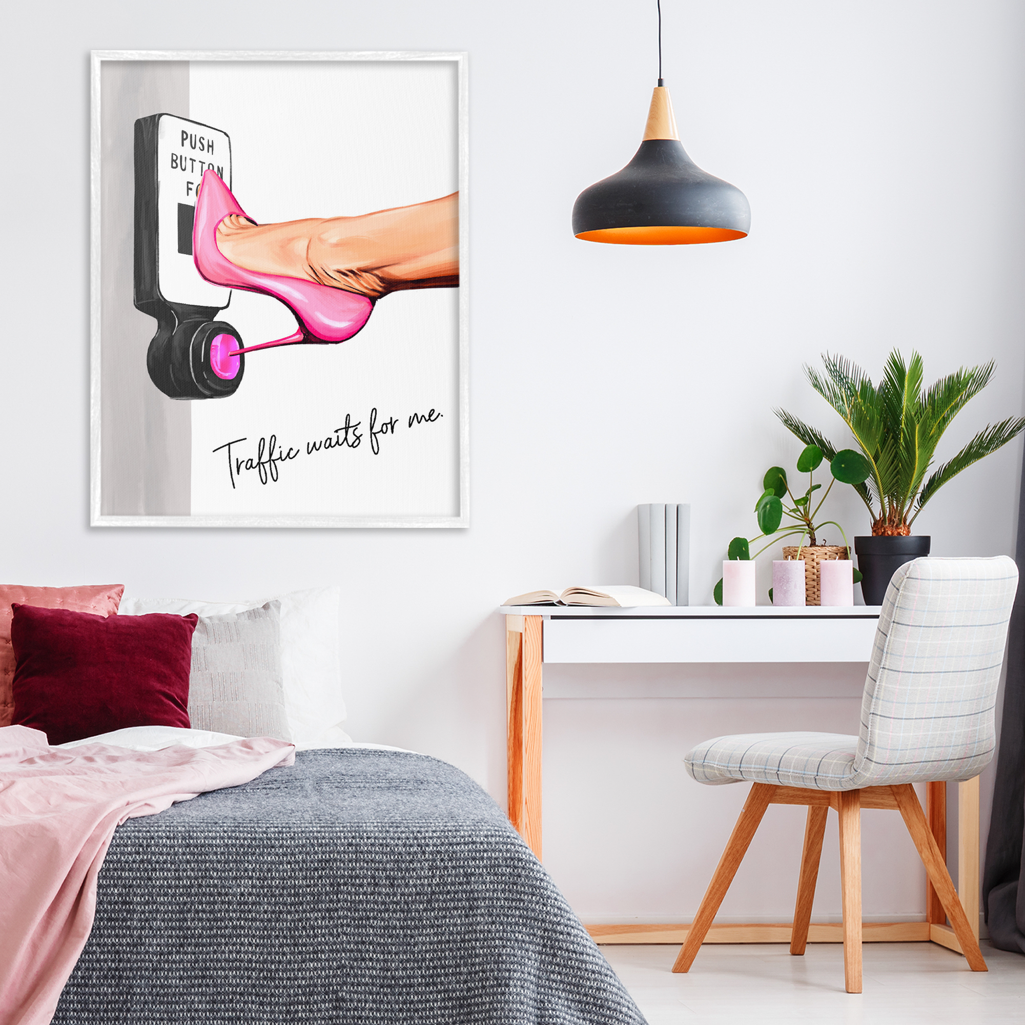 Traffic Waits for Me Heels White Framed Giclee Art, design by Ziwei Li
