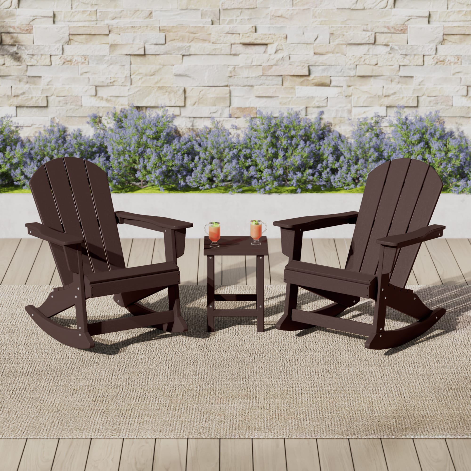 WestinTrends Malibu 3 Piece Outdoor Rocking Chair Set, All Weather Poly Lumber Porch Patio Adirondack Rocking Chair Set of 2 with Side Table, Dark Brown, 2 person, Polyethylene, Plastic
