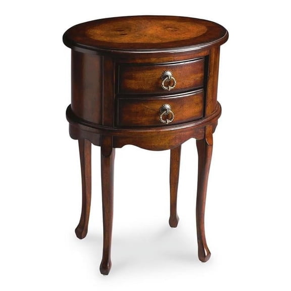 26" Dark Brown And Cherry Manufactured Wood Oval End Table With Two Drawers