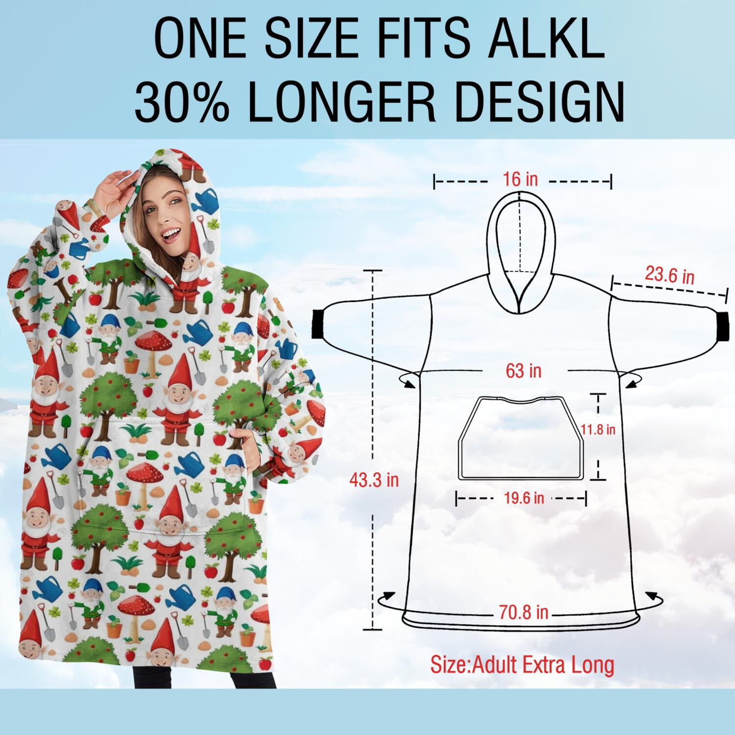 Oversized Wearable Blanket Hoodie,White Christmas Gnome Pattern Sherpa Blanket Hoodie with Super Pockets,Super Warm Fuzzy Pullover for Women & Men