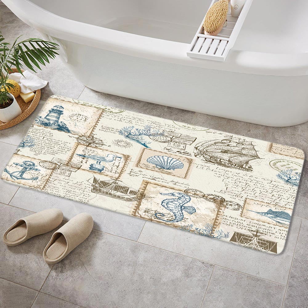Nautical Bathroom Rugs,Beach Flannel Non Slip Mat Rug,Tropical Coastal Flannel Non Slip Mat Rug,Ocean Beach Bath Mat,Retro Sailing Adventure Bathroom Mats 17X48in