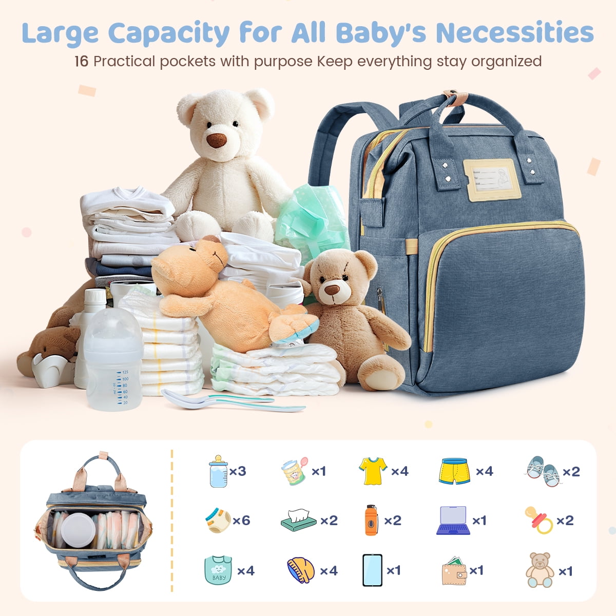 Diaper Bag Backpack, Multifunctional Baby Changing Bag with Foldable Crib & Insulated Milk Bottle Pocket, Large Capacity Travel Backpack with USB Charging Port & Stroller Strap (Dark Blue)