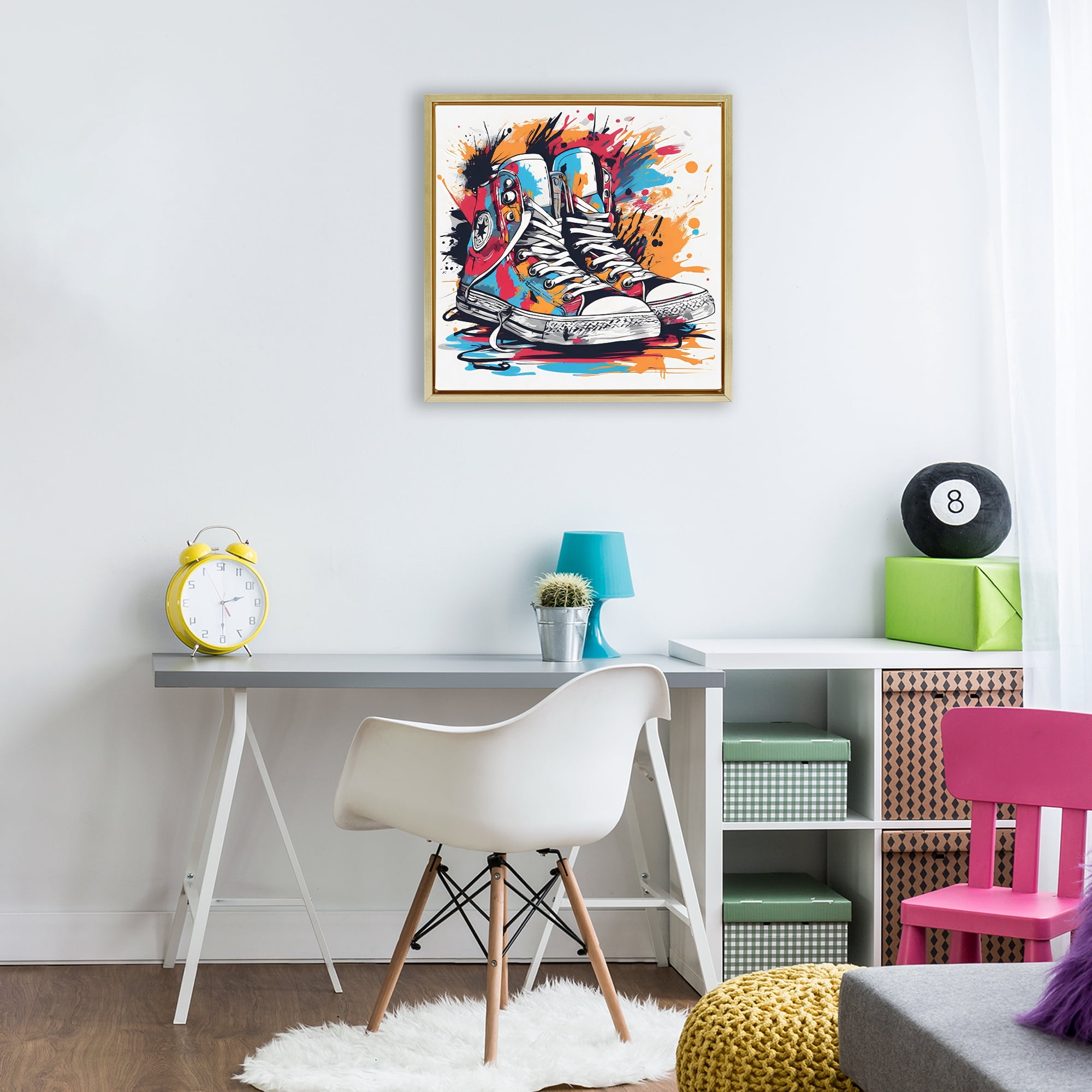 Stupell Industries Colorful Sneakers Graffiti Splash Gold Framed Floater Canvas Wall Art, design by Creative Studio