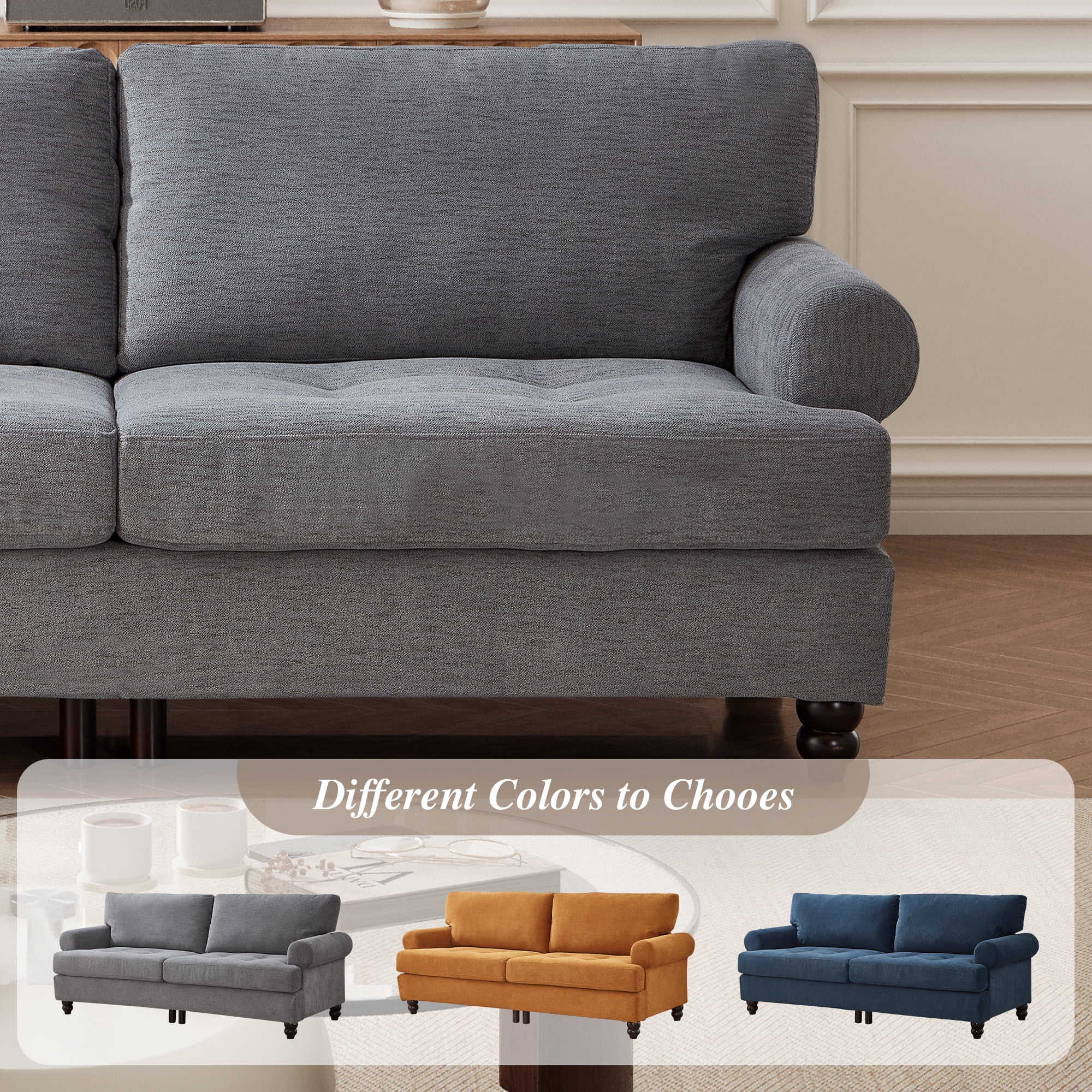 Me'on 81" Rolled Arm Sofa Couch with Storage, Mid Century Modern Decor Upholstered Couches for Living Room, Button Tufted Loveseat for Bedroom, Blue