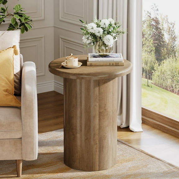 Tribesigns Farmhouse Round Side table, Wooden Sofa Couch End Table with Fluted Base for Lving Room, Bedroom, Rustic Brown