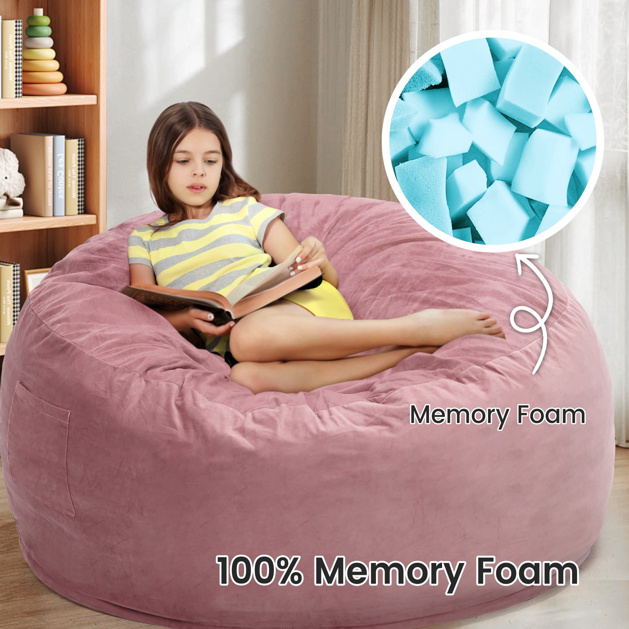 TUAREX 3.5FT Memory Foam Bean Bag Chair, with Removable Cover, Comfy Bean Bag Chairs for Adults, Kids, for Living Room, Bedroom, Pink