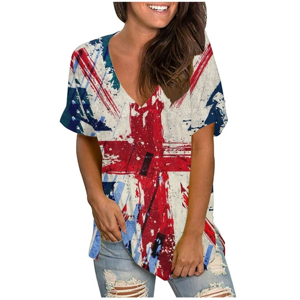 Camisetas con estampado de cuello redondo para mujer Camiseta de manga corta Blusa Tops sueltos Fridja bn7532