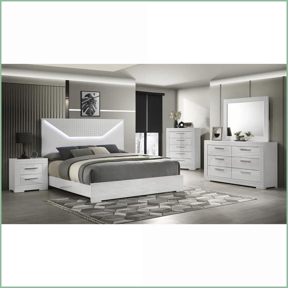 Bedroom Furniture Set Queen 5-Piece Modern White Wood with LED Headboard | White | Wood