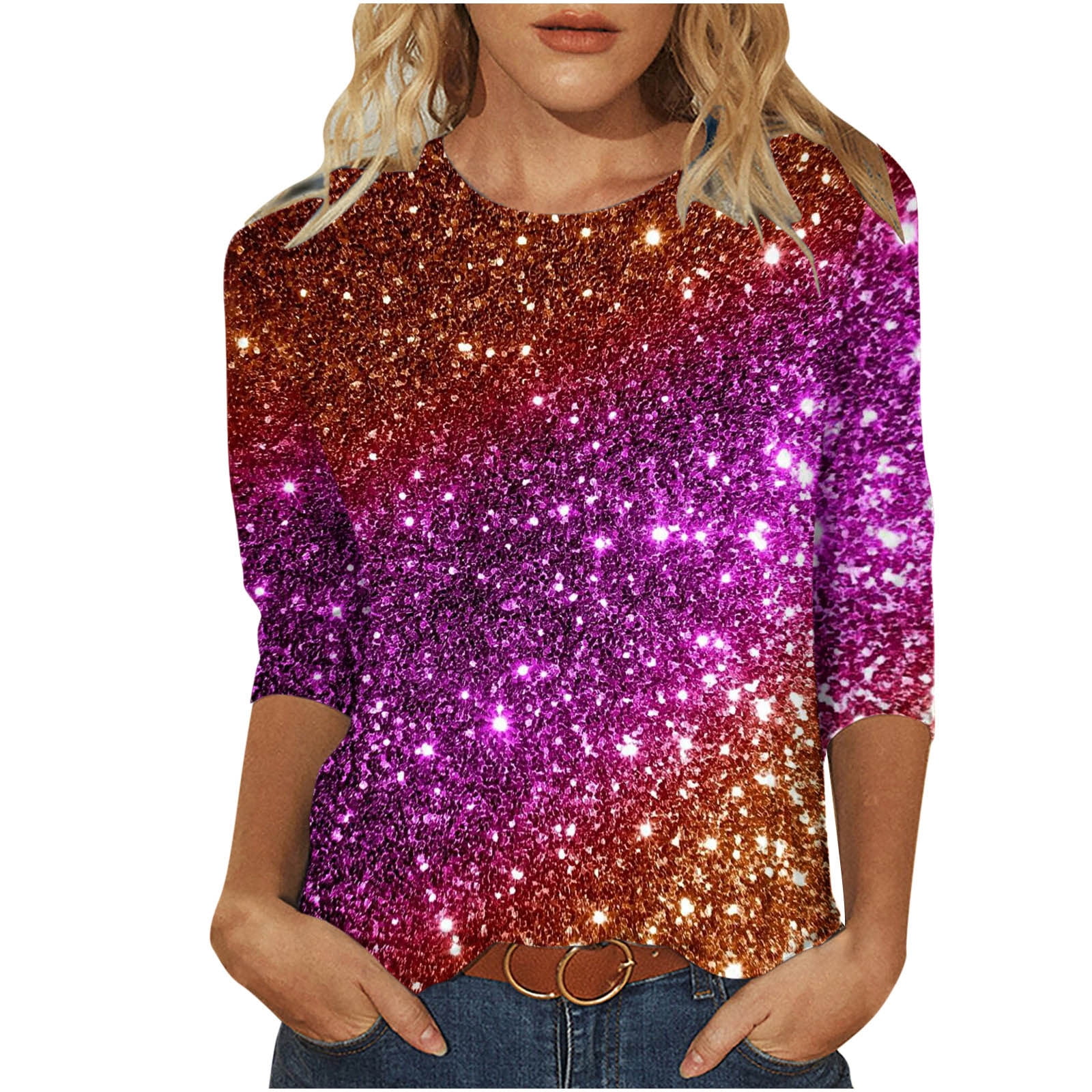 pbnbp 3/4 Sleeve T Shirts for Women 2023 Trendy Plus Size Sparkly Tops ...