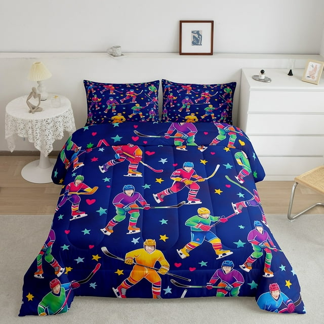Erosebridal Cartoon Ice Hockey Bedding Queen Comforter Set, Colorful StarsDown Comforter, Blue, Reversible 3-Piece