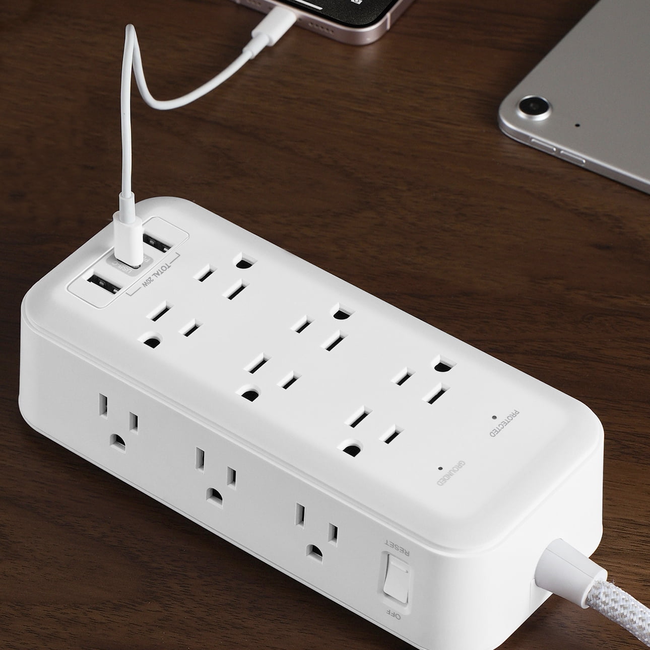 Hyper Tough USB Power Strip Surge Protector, 12 Outlet, USB Fast Charger, 10ft Extension Cord, White