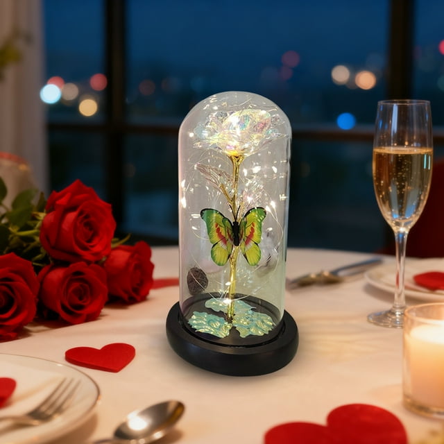 Adorno de mariposa LED con luz nocturna de rosa preservada | Decoración de mesa con flores artificiales doradas – Multicolor, 22 cm, plástico, romántico detalle para el hogar, regalo navideño
