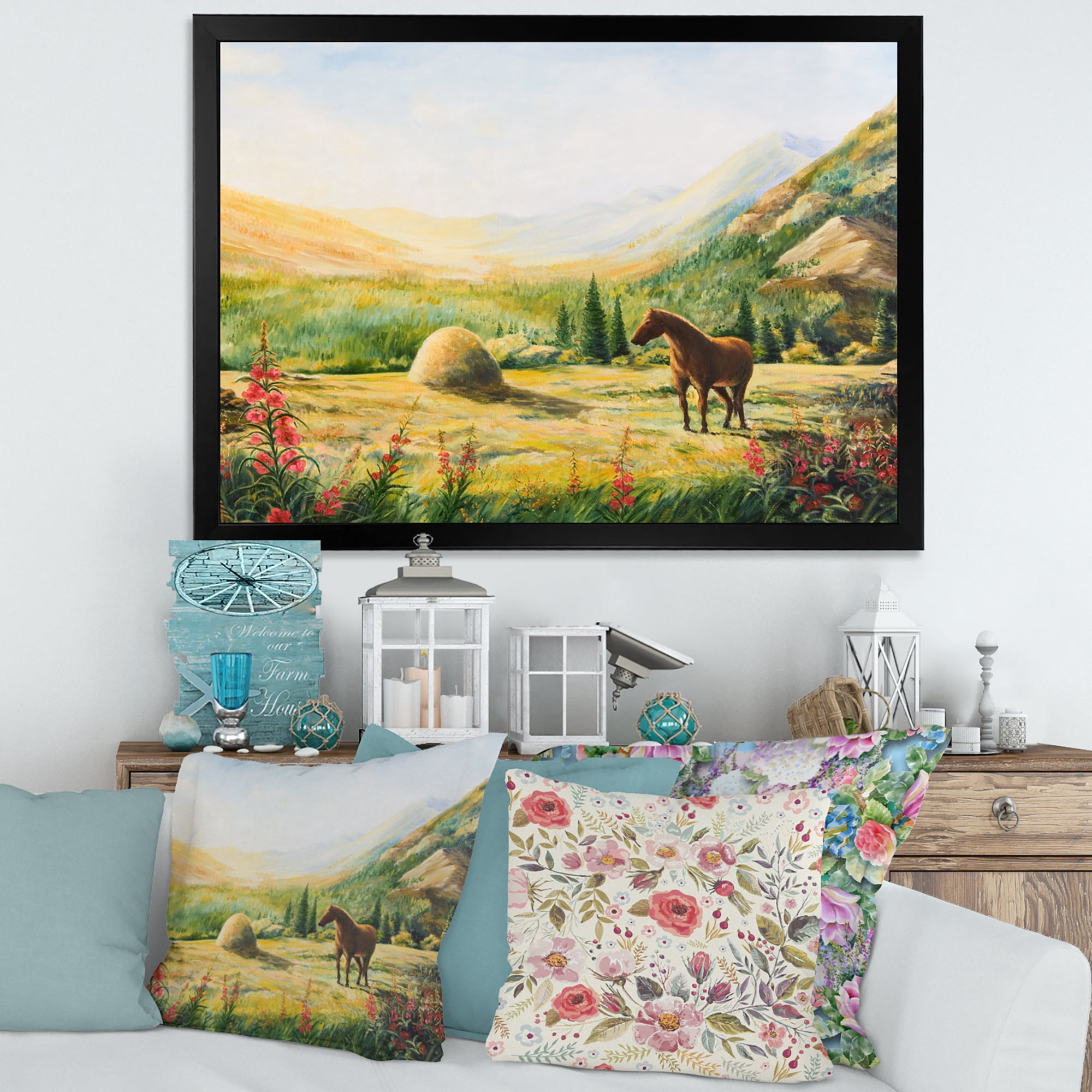 Designart 'Sunrise In The Mountains With Horse' Farmhouse Framed Art Print