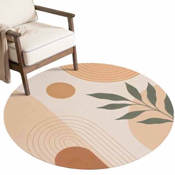 Washable Round Rugs 3ft Bohemian Circle Rug Non-Slip Non-Shedding Low-Profile Modern Abstract Boho Leaves Beige Middle Century Small Area Rug Carpet for Living Room Bedroom Dining Room Home Decor