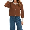 thumbnail image 3 of Women'S Cropped Cardigan Sweaters Fall Long Sleeve Open Front Button Down Color Block Knit Outwear Coats Coffee Color M, 3 of 8