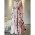thumbnail image 5 of Women'S V Neck Floral Printed Pleated Dress Long Sleeve Flowy A Line Party Maxi Cocktail Dresses Pink XL, 5 of 7