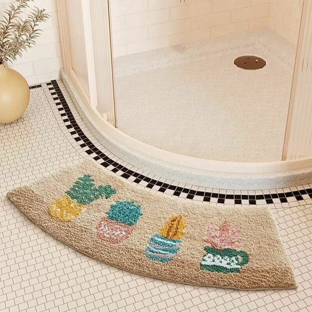 Alfombra de baño de esquina, antideslizante, absorbente, esponjosa, suave y cómoda, alfombra de ducha redondeada de un cuarto de círculo, lavable, alfombra de baño festoneada