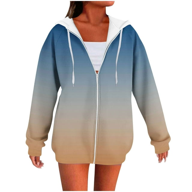 WRKEKC Womens Zip Up Hoodie Gradient Print Raglan Sleeve Hooded Sweatshirt with Drawstring Side Pockets Long Sleeve Fall and Winter Outerwear