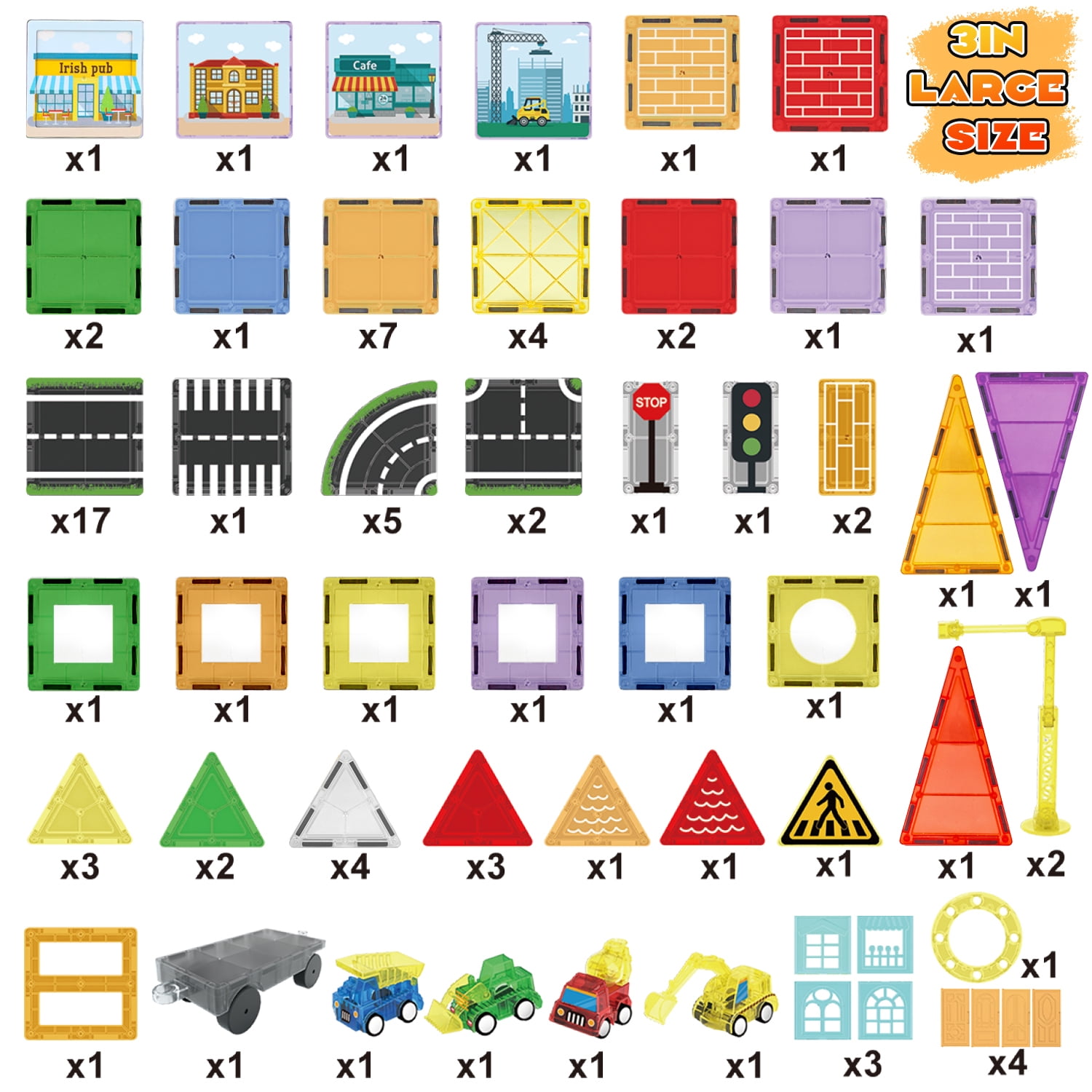 Freecat Magnetic Tiles 94PCS Large Size 75MM, Magnetic Building Blocks with Engineering Truck & Road Blocks, STEM Educational Toys for Kids Ages 3-6, Birthday Gifts for Boys Girls Toddlers.