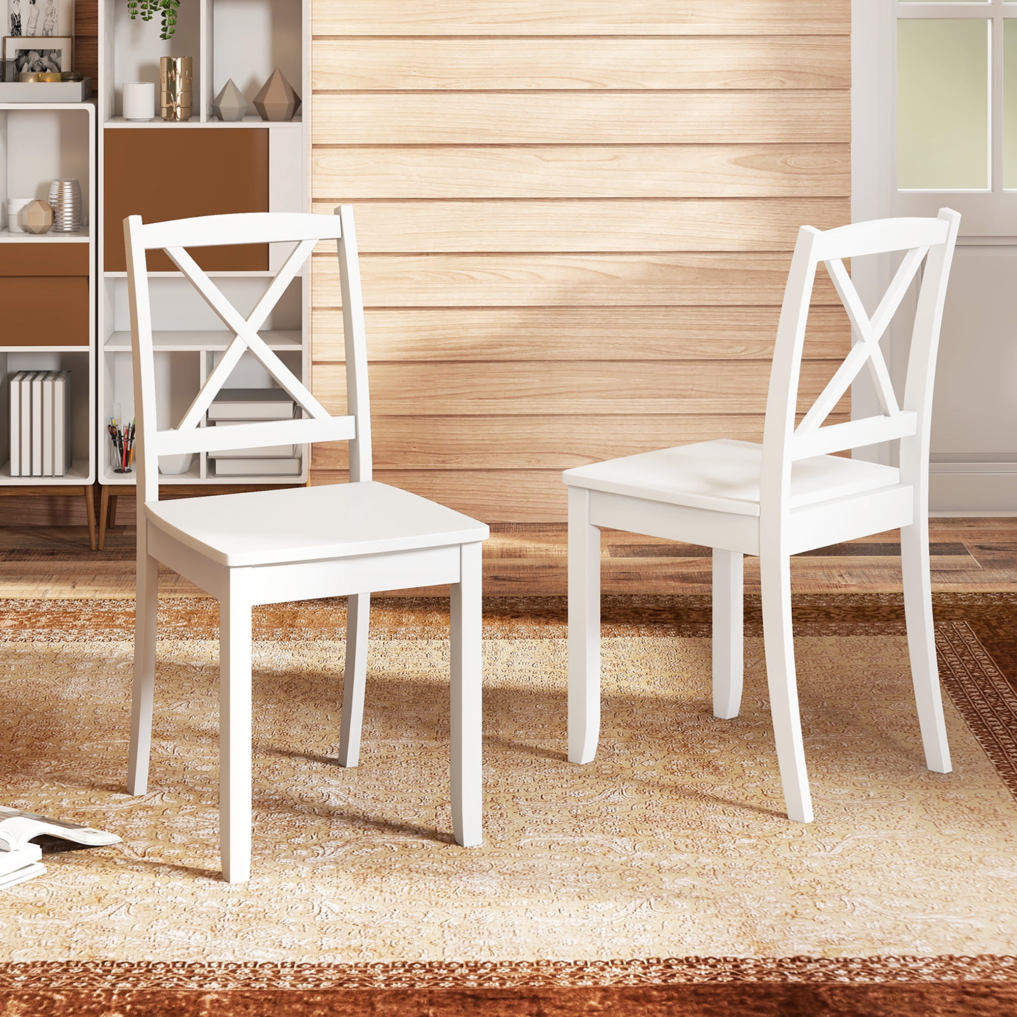 Gymax Dining Chair Set of 4 Kitchen Side Chairs w/ Rubber Wood Legs & Cross Back White
