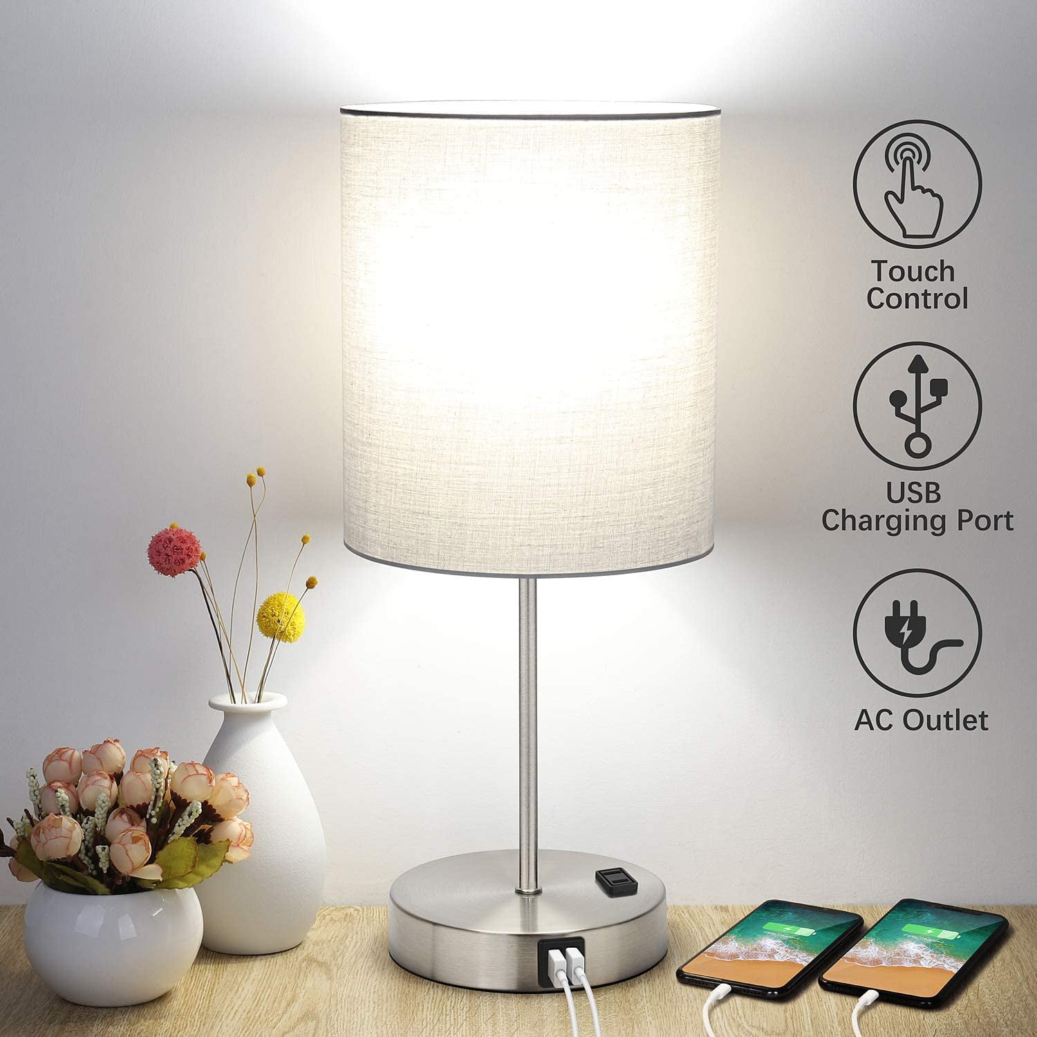 Touch Control Table Lamp, 3 Way Dimmable Bedside Desk Lamp with 2 Fast
