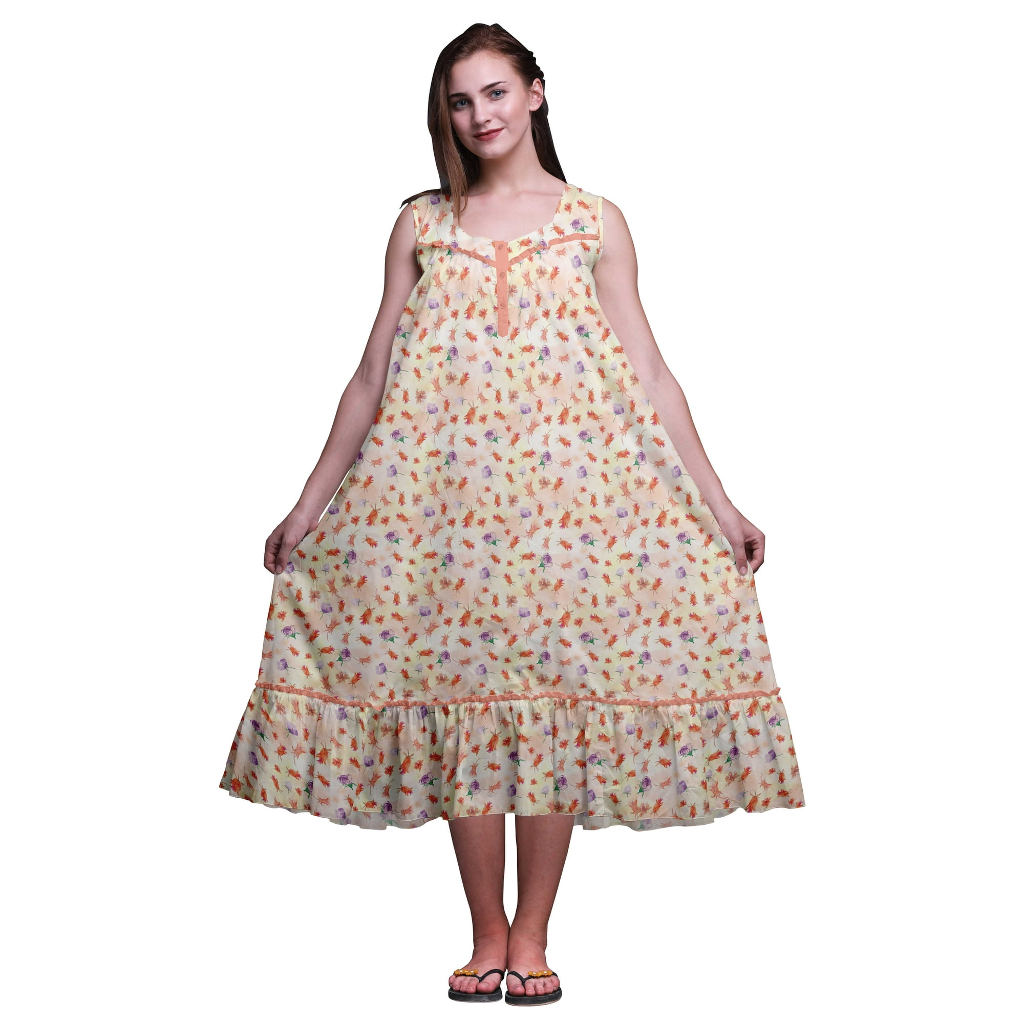 Bimba Dark Peach Orange3 Watercolor Flower & Leaves Sleeveless Night Gown For Womens Cotton Printed Nightwear Ladies Sleepwear X-Small
