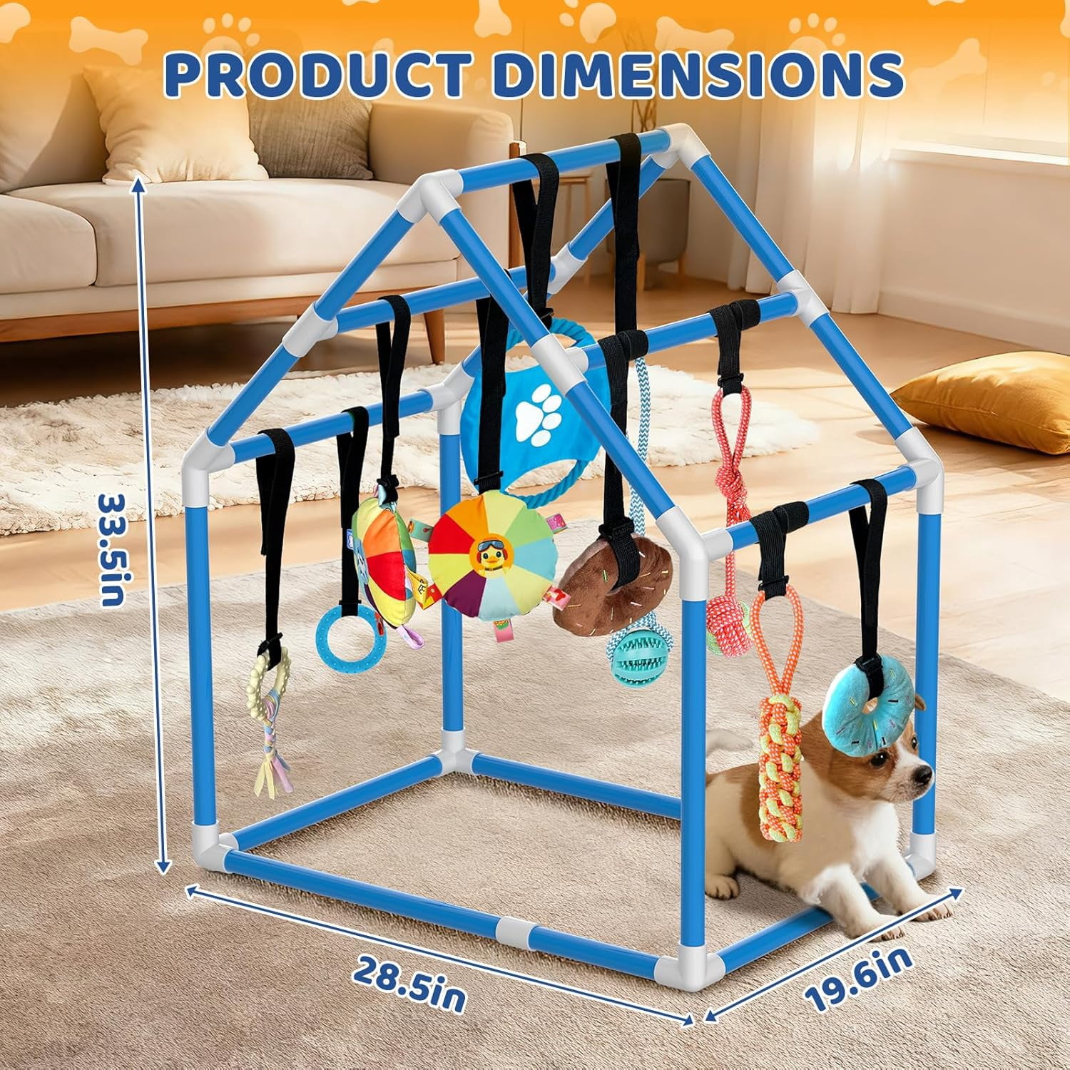 Play Gym for Small Dogs with PVC Frame, 10 Hanging Toys & Stretchy Ropes for Indoor Enrichment Activity
