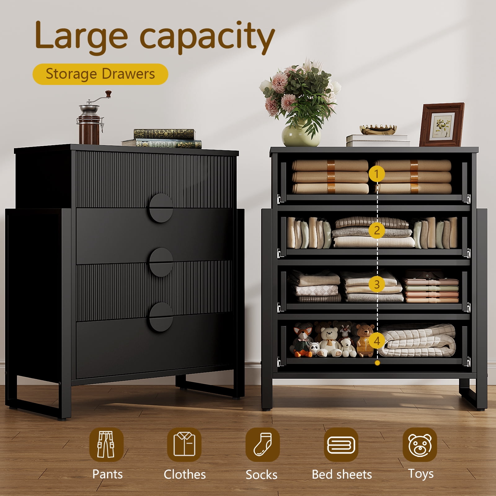 Holliwill 4 Drawer Dresser for Bedroom, Tall Fluted Dresser Chest of Drawers for Living Room, Hallway, Black