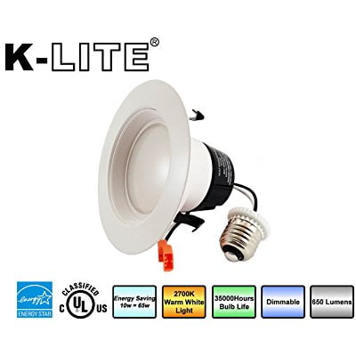 Wet Location Downlight K-LITE 4-Inch LED Retro Fit Recessed Downlight Fixture Dimmable Plug & Play, Wet or Dry Locations, 10W 2700k Warm White 650Lumens 35000Hours Bulb life 65W Replacement E26 Medium Base UL Energy Star ()