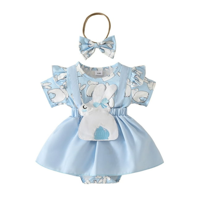 MIASHUI Robe Barboteuse pour Bébé Fille à Manches Courtes, Justaucorps à Volants avec Ourlet Jupe, Bleu, 3-6 Mois