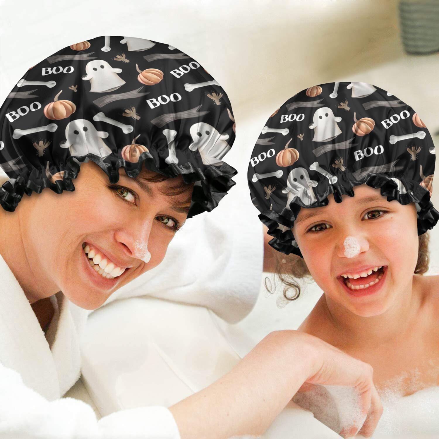 Shower Caps,Black Halloween Ghosts Pumpkins and Bones Waterproof Shower Cap for Women 4 Pieces,Double Reusable Hair Cover for Shower PEVA Elastic Stretch Hem