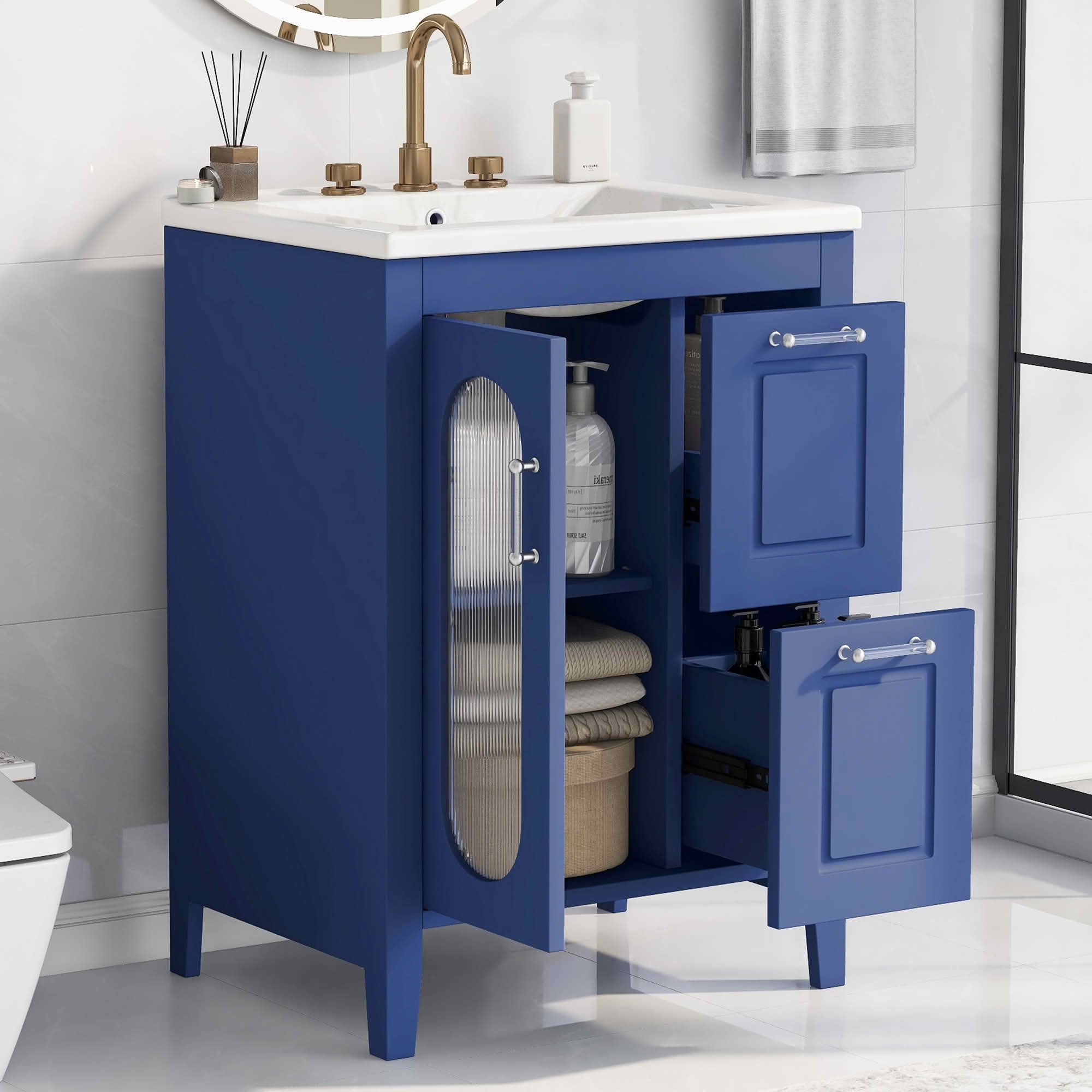 MAYEERTY 24" Bathroom Vanity with Sink 2 Drawers 1 Door Adjustable Shelf Solid Wood MDF Blue